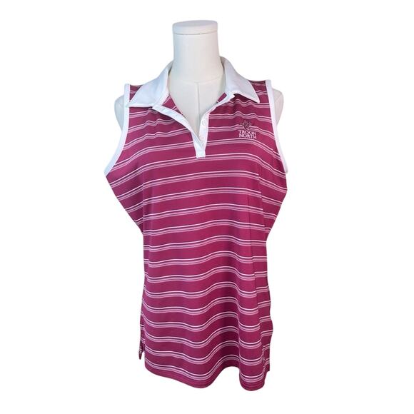 Under Armour Golf Shirt Womens Large Pink Striped Heat Gear Troon North Logo - Picture 1 of 7